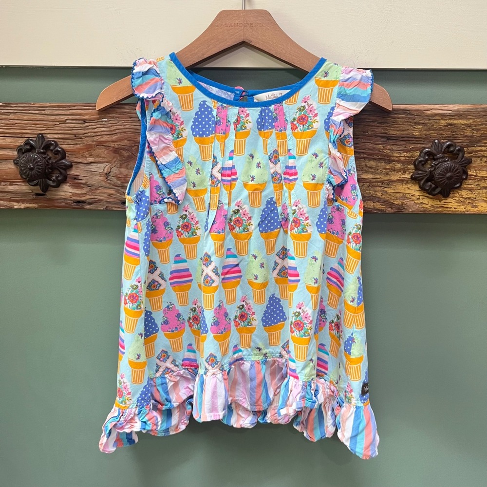 Matilda Jane Girls Ice Cream Cone Floral Ruffle Sleeveless Top Size 8 Blue